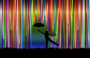 Joyful dancer with umbrella, in bright, multi-colored rain