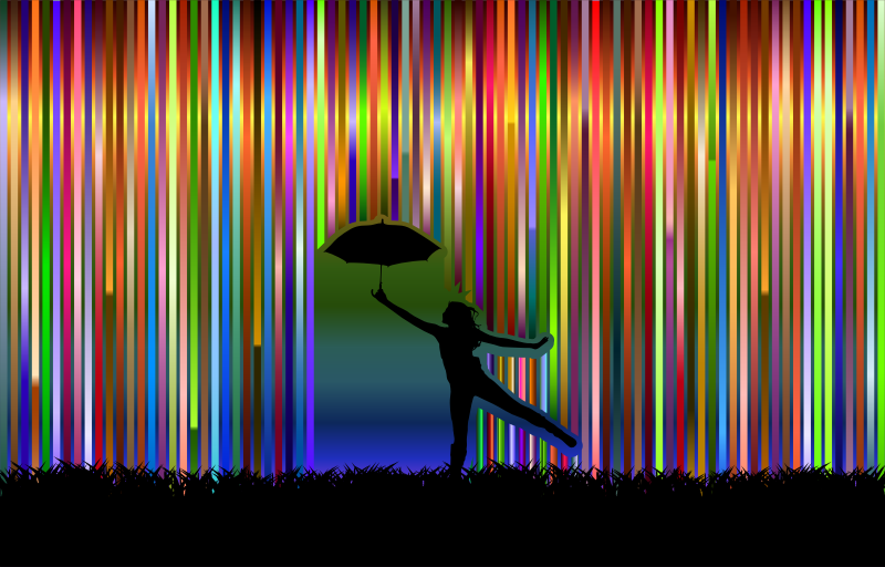 Joyful dancer with umbrella, in bright, multi-colored rain